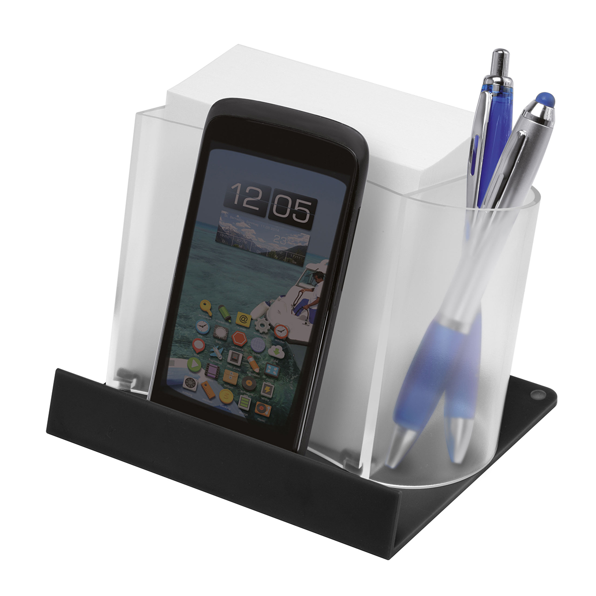 Smartphone-/Tabletständer mit Zettelbox und Köcher