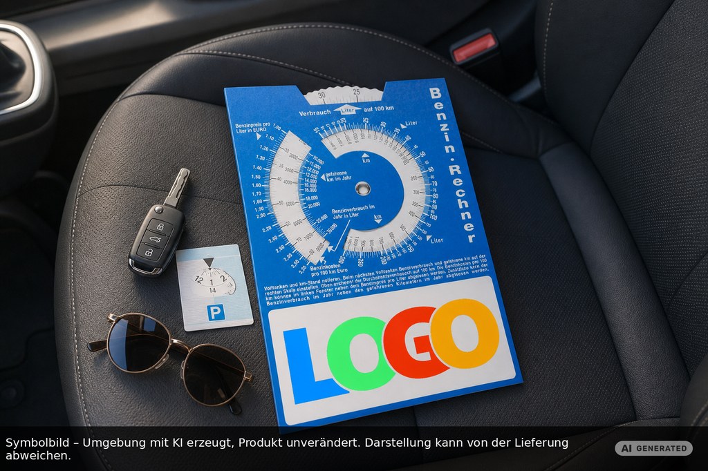 Kartonparkscheibe mit Benzinrechner als Werbeartikel mit Logo bedrucken